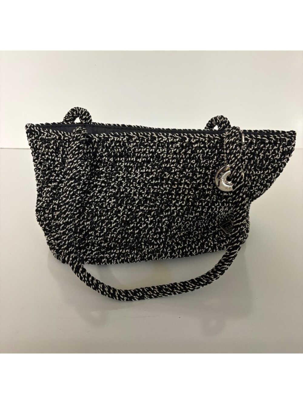 The Sak Black White Crochet Knit Small Purse Double Handles Lined Top Zipper